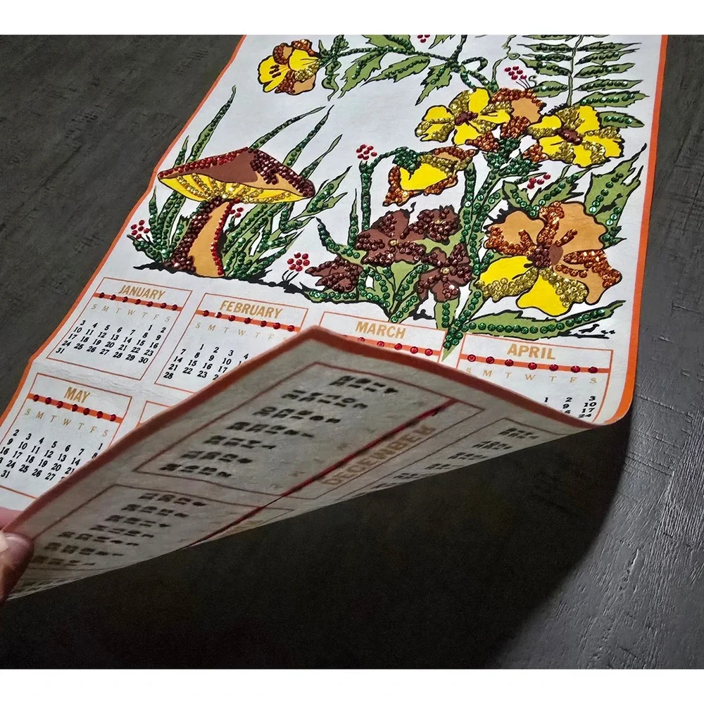 Vintage‎ 1982 Felt Wall Calendar with Sequins, Mushrooms & Floral Design